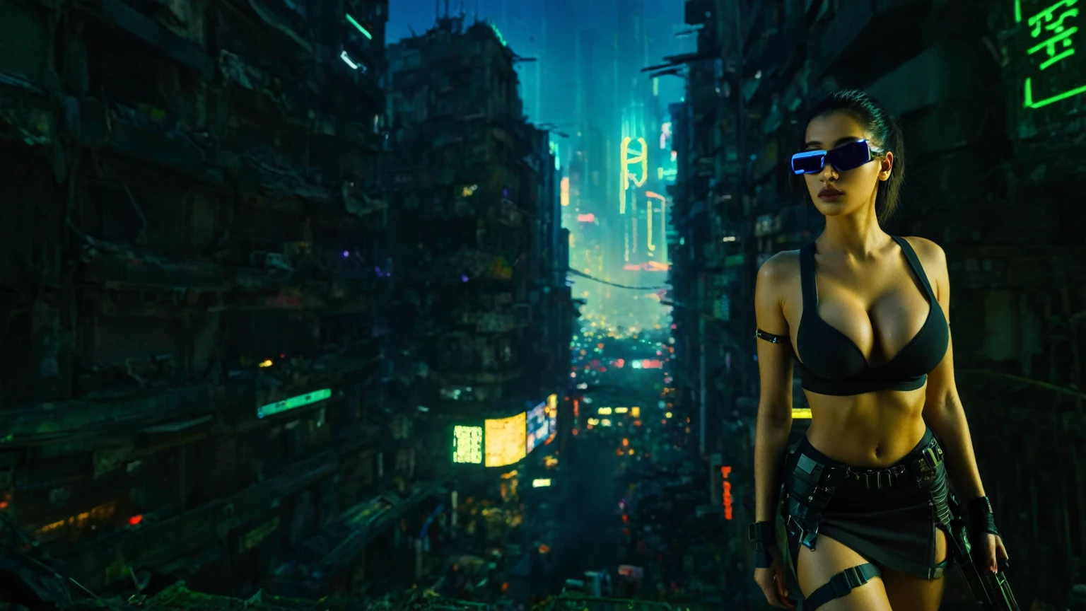 dark futuristic landscape, at night, neon lights, Atmospheric fog, large buildings in the background, futuristic city, busy streets with open shops, Ruined buildings, skyscraper (postapocalyptic city:1.3). at night, (((Matrix style cascading code))), (1woman, solo, perfect body), photo realistic, (large-breast:1.1 slim body, cleavage), (((tube top, extreamly short pleated (((((miniskirt))))) exposing panty))), (((((((matrix style black sunglasses))))))), (((((((sprinting with a (pistol), looking at camera))))))), (((half-body (thigh level) medium shot))), cinematic lighting.