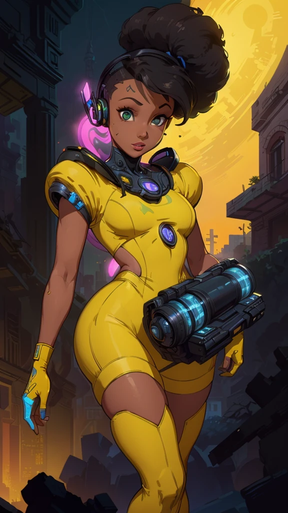 (The best quality,A high resolution,Ultra - detailed,actual),Ariana Grande with headphones on and a (yellow outfit:1.4) , (afrofuturism style:1.4) , afrofuturism, rossdraws | afrofuturism, Beeple. hyperrealism, (style hybrid mix of Beeple:1.4) , cinematic Beeple, realism | Beeple, afrofuturistic, Beeple daily art, cyberpunk art ultrarealistic 8k, cyberpunk vibrant colors,( Ariana Grande :1.4), (cinematic lighting :1.4), (perfect anatomy :1.4), ,(Fondo de ruinas de mazmorra en ruinas cyberpunk :1.4 ), (pose dinámica vaquero), (face detailed Ariana Grande :1.4), (cyborg yellow mecánica transparente :1.4),( no mutaciones),( ojos hermosos detailed :1.4), ,(Fondo de ruinas de mazmorra en ruinas:1.4 ), (cabello negro :1.5), (no mutaciones))