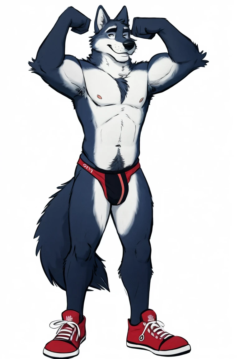 (pinup), Anthro, male, solo, full length portrait, canine, (wolf:1.1), athletic, abs, muscular, smile, blushing, plantigrade, barefoot, without shirt,(naked:1.2),white jockstrap, white Nike socks, tenis converse (shoes, tenis, converse) converse shoes fetish, happy trail, chest tuft, raised right arm, fluffy and hairy armpit, flexing left arm, elbow tuft, (white background:1.1), digital artwork, (flat colors:1.2), (by adios, by k-9, by paintfox:.8), by delirost, by tritscrits, (detailed fur,detailed fur texture:0), (masterpiece, best quality, high quality, highres, ultra-detailed), pretty feet paws full body, pretty paws, muscle chest 