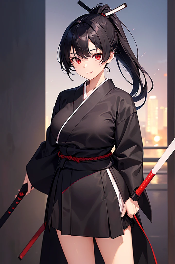 (masterpiece; best quality: 1.2), (finely detailed eyes: 1.3), ((25 year old woman)), ((solo)), (red eyes: 1.4), (body; lithe, slender, femenine: 1.3), (black hair in ponytail: 1.3), (beautiful and clear background: 1.2), ((depth of field)), (clothes: ronin attire + black hakama + black sash: 1.3), (anime illustration: 1.2), (background composition; kendo dojo + night time: 1.1), (extremely fine and beautiful: 1.1), (shot composition; standing + centered on torso + close-up: 1.5), (expression; calm, smile: 1.2)