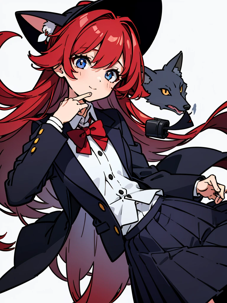 1girl ,solo,20s,mature female,red hair,long hair,fox ears,(white background),shirt,black standard tie,blue blazer,long sleeves, black pleated skirt,(upper body),