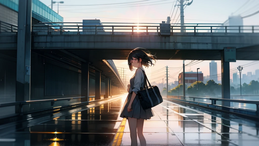 Girl on the road overpass,Early in the morning,It was just raining lightly,Clear air,Sunlight and rainwater on the road reflect off the buildings,The screen is displayed from top to bottom,Background in cool tones