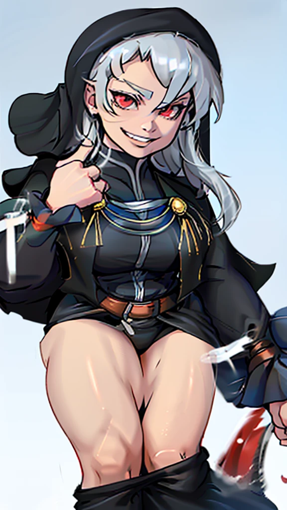 Highly detailed, 1 girl, goeniko, Very pale skin, greyish white hair, shiny red eyes, evil smile, black goeniko's clothes, medium buson, curvy body, looking to the viewer, pit Black clothes