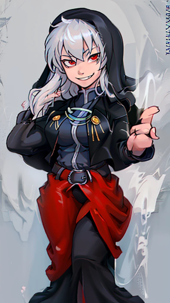 Highly detailed, 1 girl, goeniko, Very pale skin, greyish white hair, shiny red eyes, evil smile, black goeniko's clothes, medium buson, curvy body, looking to the viewer, pit Black clothes