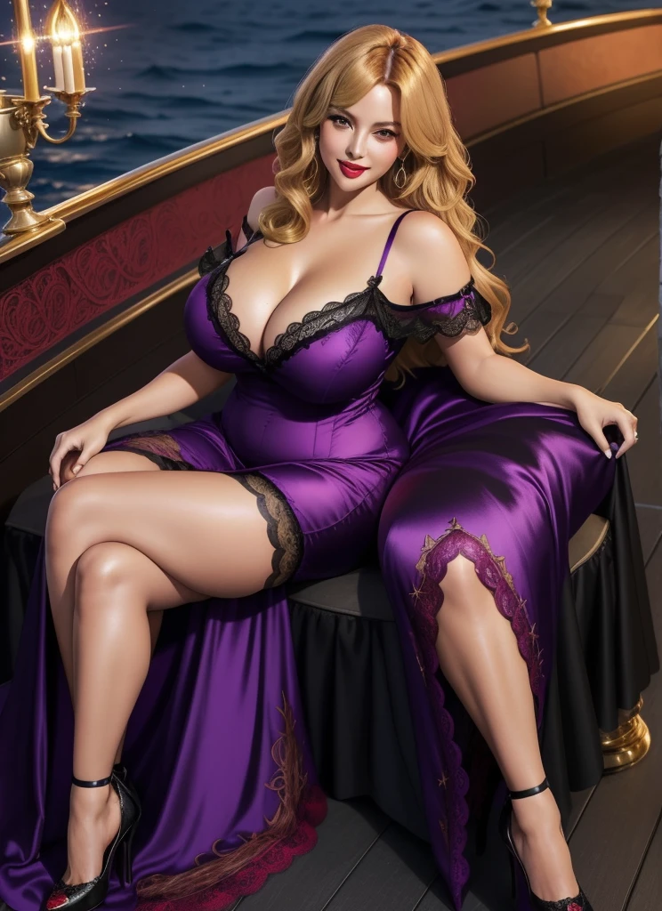 Jessica Rabbit, 27 years old, full body view Beautiful woman(((shoulder length wavy golden blonde hair, two side up with bangs))) defined body, voluptuous, sexy, Red lipstick, hands free, mouth slightly open, smiling, standing facing camera,((( short sleeve, sparkling purple satin long gown with black lace trim and black lace embroidering and matching heels))), on the deck of a super yacht anchored near a tropical island, (large_breasts:1.4) (curvy:1.3)