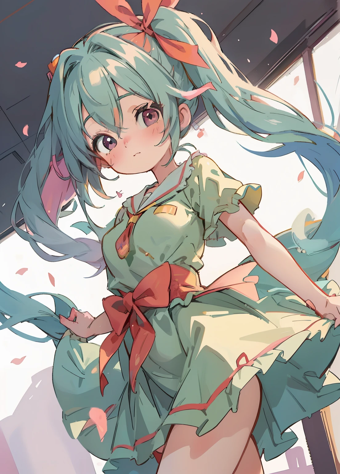 (masterpiece、Highest quality、Highest quality、Official Art、Beautiful and beautiful:1.2)、(One girl:1.3)Hatsune Miku、Twin tails,Beautiful breasts,Anime girl in a yellow dress with a red ribbon on her head, Naughty, (SFW) Safe at Work, tits, Touching her clothes, Half Yamada, Enchanting anime girl, Naughty anime style, Beautiful and attractive anime teen, rei hiroe, shikamimi, sakimi chan, Naughty style, Top rated on pixiv