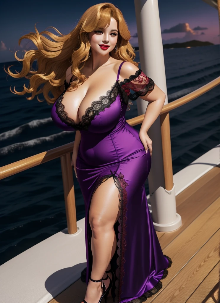 Jessica Rabbit, 27 years old, full body view Beautiful woman(((shoulder length wavy golden blonde hair, two side up with bangs))) defined body, voluptuous, sexy, Red lipstick, hands free, mouth slightly open, smiling, standing facing camera,((( short sleeve, sparkling purple satin long gown with black lace trim and black lace embroidering and matching heels))), on the deck of a super yacht anchored near a tropical island, (large_breasts:1.4) (curvy:1.3)