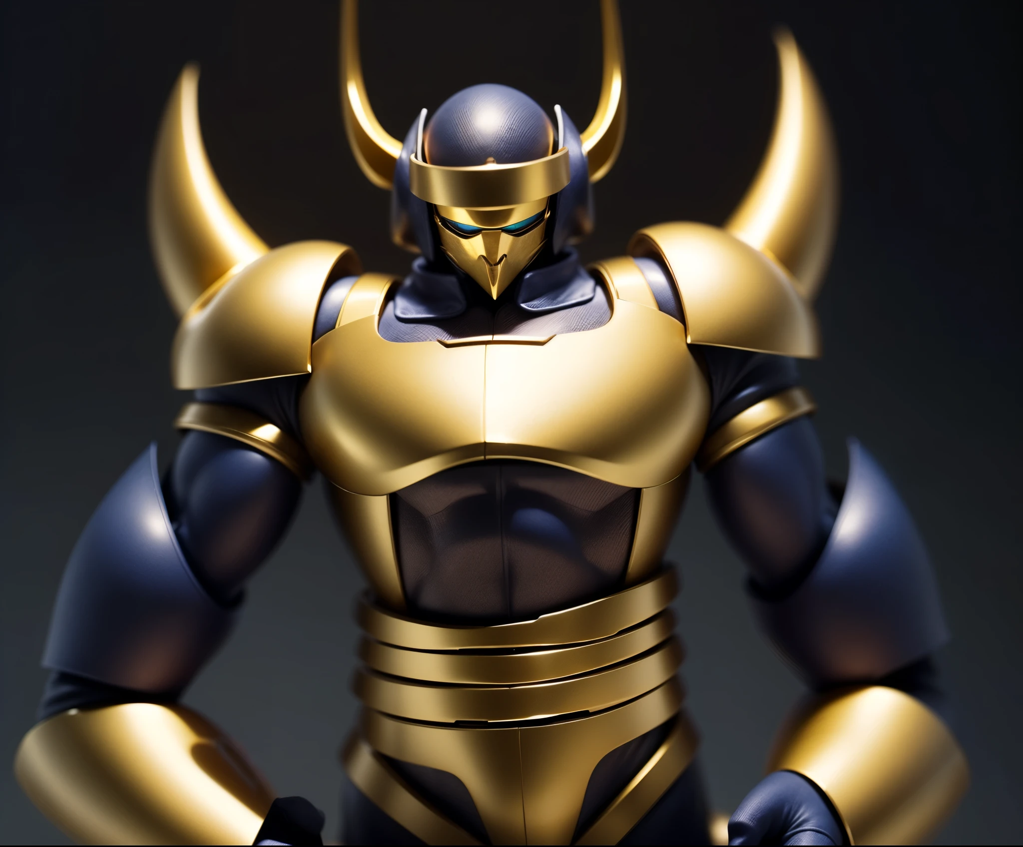 Two long horns on head, golden horns, horns on both shoulders, golden armor, dark night background, high quality, blue visor,