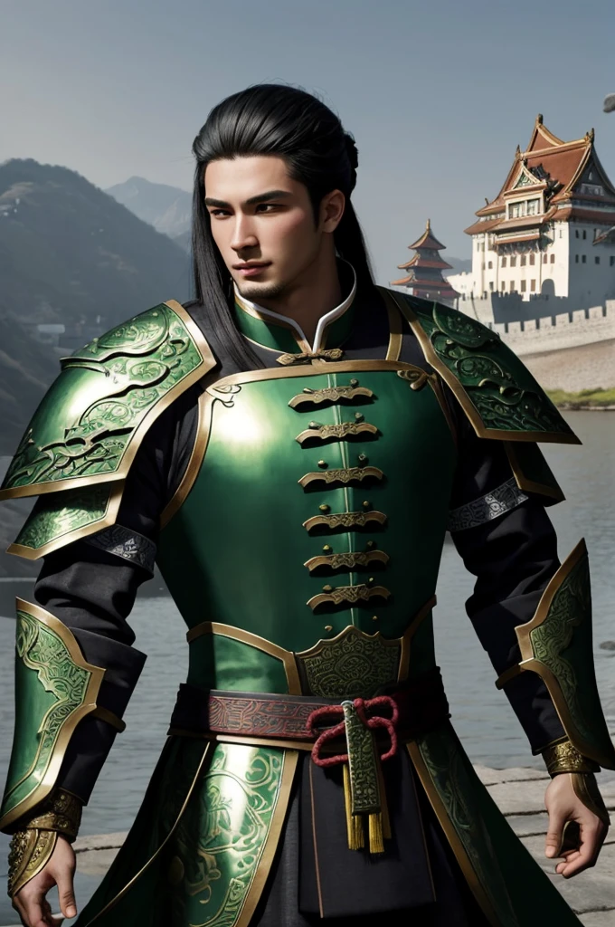 ((Young man with ancient Chinese hairstyle))、whole body ,(green metal armor, metal dragon head on the shoulder, Holding a sword, (Skin of color, ),(green metal armor with intricate pattern:1.2), gloves, Long trousers, (Very detailed, bloom:1.5), (Highest quality, Concept Art, 4K),, (high sharpness), (Detailed pupil:1.1),  Detailed face and eyes, masterpiece, Highest quality, (Very detailed写真:1.1), 8K, photoRealistic, (PurerosFace_v1:0.2), [:(Detailed face:1.2):0.2], sharp, Realistic, Realistic Shadow, (Chinese castle background:1.2), 