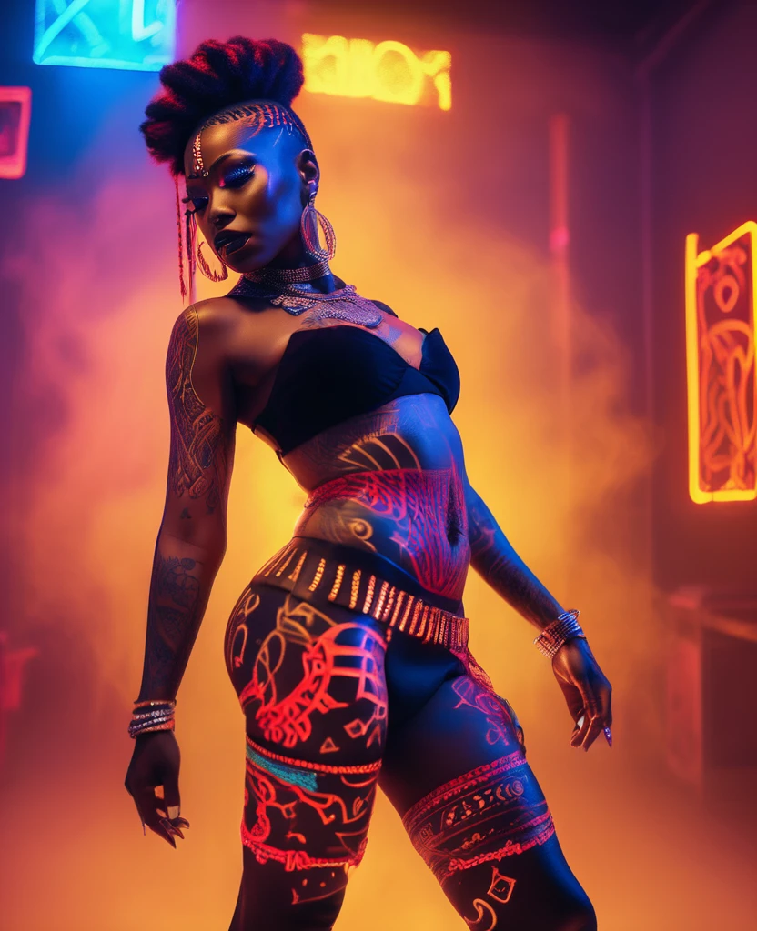 Full body shot of a Black woman dressed in African designed clothes with neon lit glowing red and blue tattoos, standing in an empty place with tattoos lighting the scene, a yellow fog atmosphere in the scene, dim lit scene with only the tattoos shining in the scene, providing an atmospheric cinematic colour grading, 32k, 