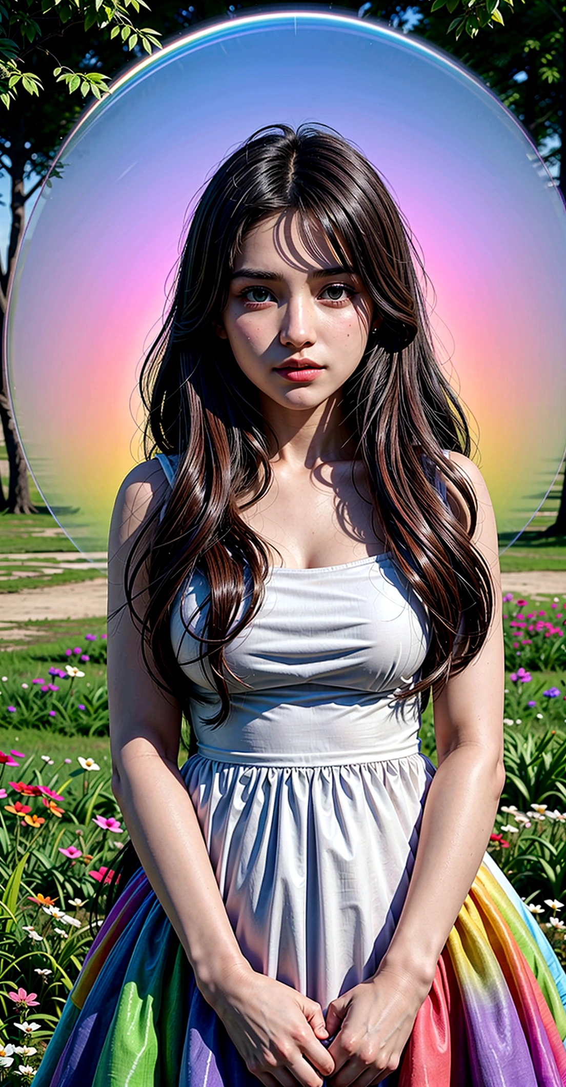Create a 3D animation woman she has dark skin (light black) reddish hair wears a white dress has rainbow-colored veils running in the flowery field, He is with his 7 year old daughter, light brown hair, she is wearing a rainbow-colored dress, she has many autism symbols