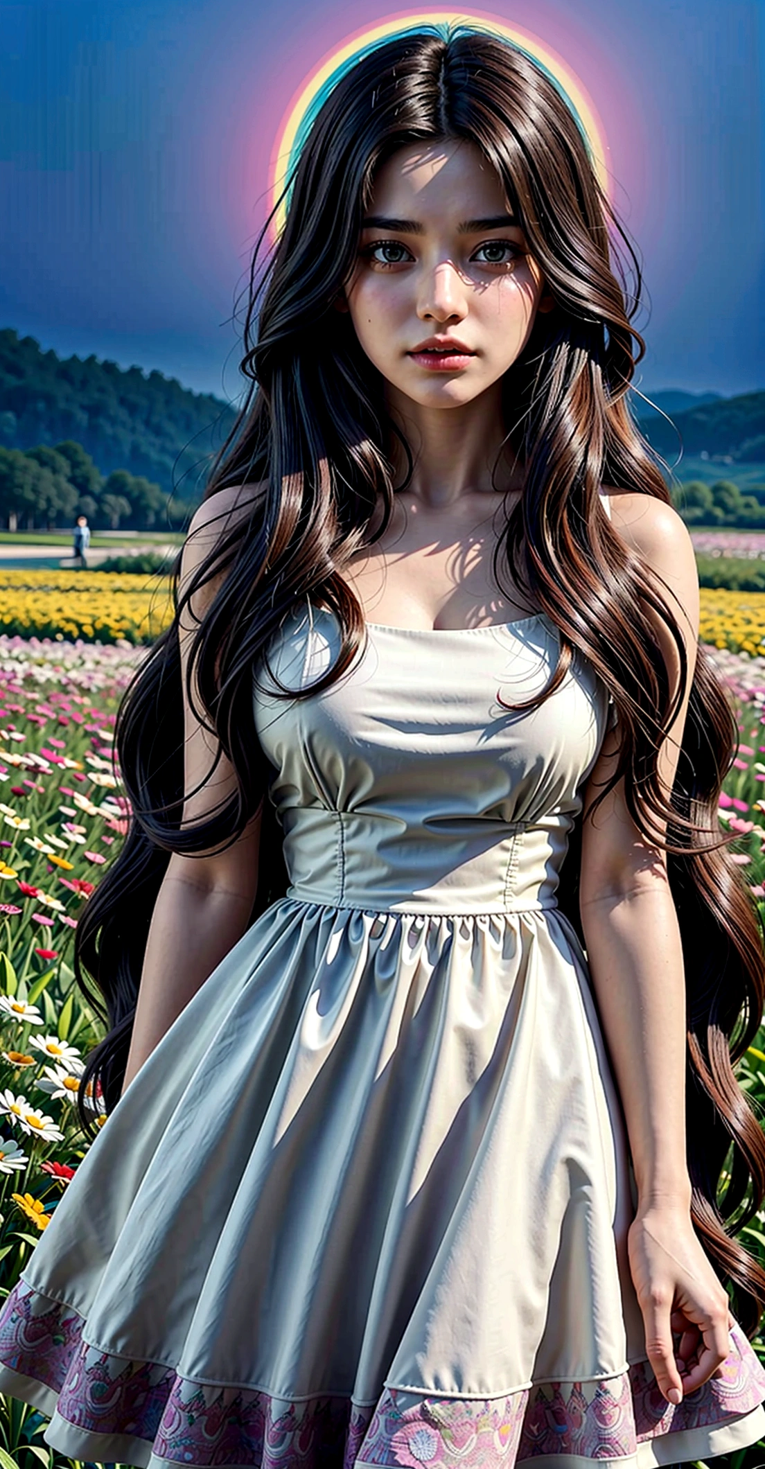 Create a 3D animation woman she has dark skin (light black) reddish hair wears a white dress has rainbow-colored veils running in the flowery field, He is with his 7 year old daughter, light brown hair, she is wearing a rainbow-colored dress, she has many autism symbols 