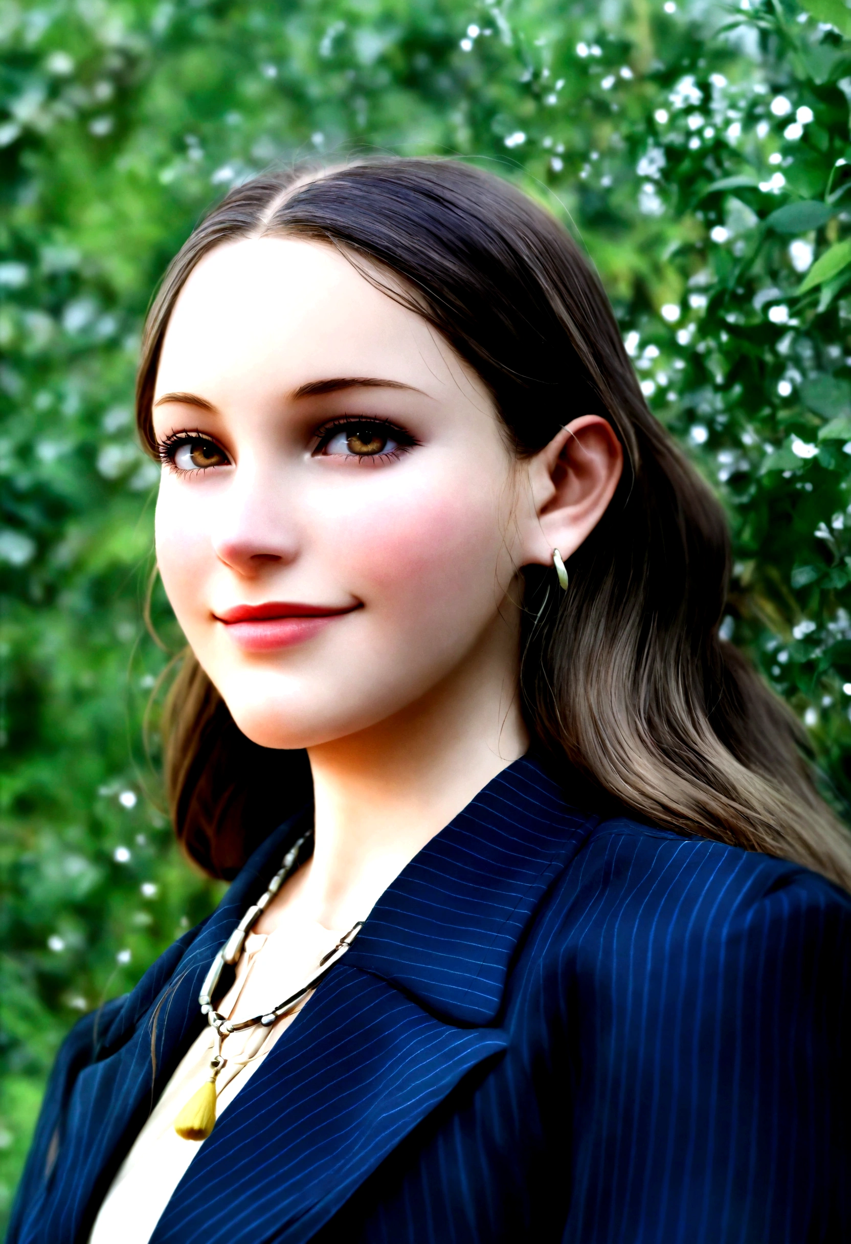 a closeup of a woman in a suit smiling at the camera, taken in the early 2020s, cait miers, taken in the late 2010s, center part curtain bangs, olivia de bernardinis, julia sardinia, ( ( emma lindstrom ) ), eva, genevieve gauckler, Kat Dennings