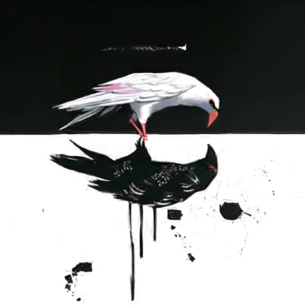 a black beaked bird and a white bird with a red beak, by Hannah Frank, butcher kathe, Directed by Emily Shanks, artistic drawing of a crow, detailed feathers, highly detailed, intricate feather patterns, beautiful bird portrait, vibrant colors, dramatic lighting, photorealistic, 8k, masterpiece, cinematic composition, stunning realism