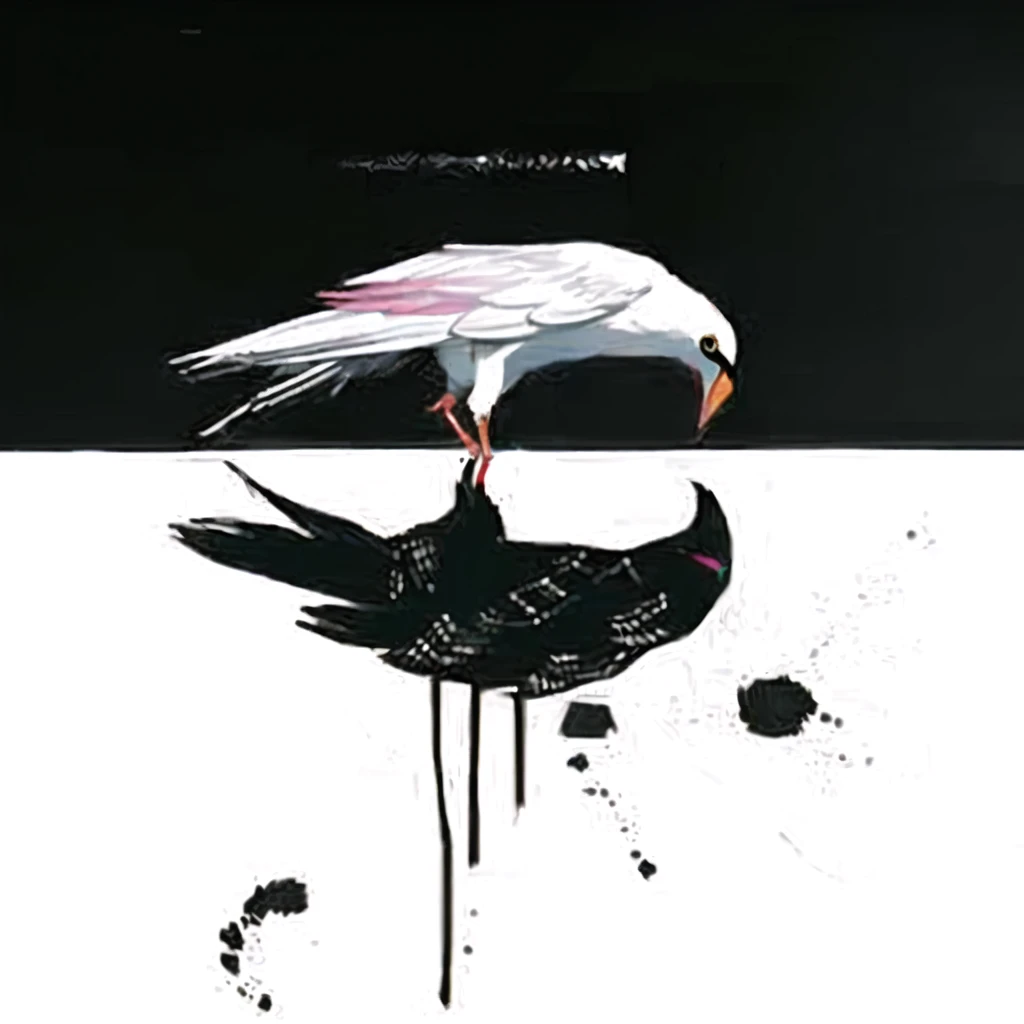 a black beaked bird and a white bird with a red beak, by Hannah Frank, butcher kathe, Directed by Emily Shanks, artistic drawing of a crow, detailed feathers, highly detailed, intricate feather patterns, beautiful bird portrait, vibrant colors, dramatic lighting, photorealistic, 8k, masterpiece, cinematic composition, stunning realism