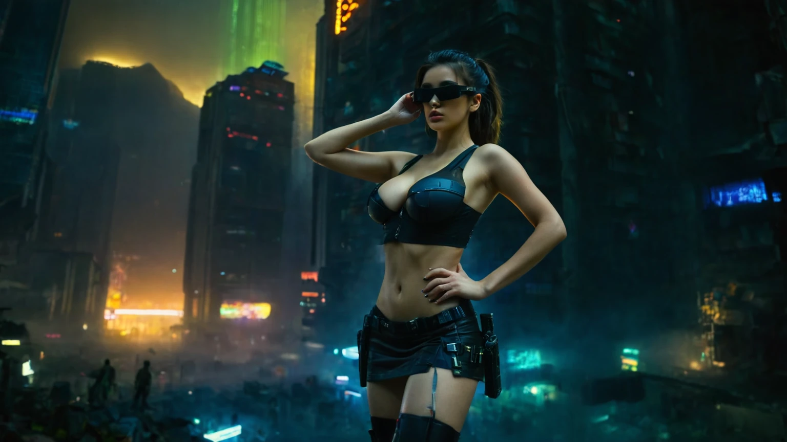 dark futuristic landscape, at night, neon lights, Atmospheric fog, large buildings in the background, futuristic city, busy streets with open shops, Ruined buildings, skyscraper (postapocalyptic city:1.3). at night, (((Matrix style cascading code))), (1woman, solo, perfect body), photo realistic, (large-breast:1.1 slim body, cleavage), (((tube top, extreamly short pleated (((((miniskirt))))) exposing panty))), (((((((matrix style black sunglasses))))))), (((((((sprinting with a (pistol), looking at camera))))))), (((half-body (thigh level) medium shot))), cinematic lighting.