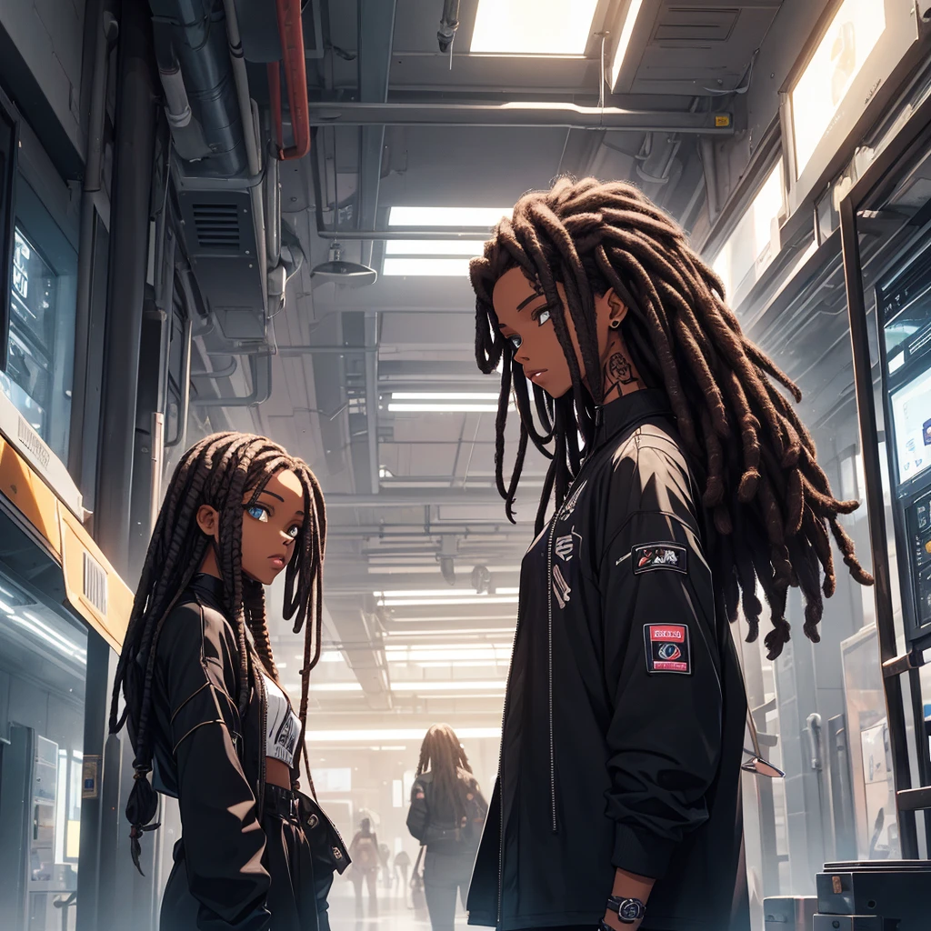 woman. mulatta. He has dreadlocks in his hair. has tattoos. He is wearing black clothes. futuristic scenery