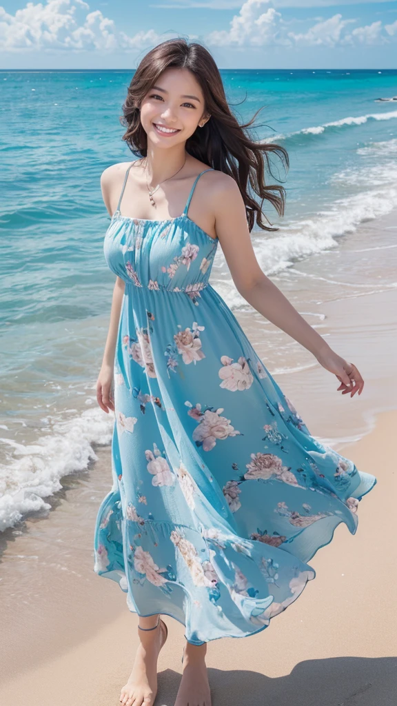 (Highest quality、masterpiece、8K、Best image quality、Hyperrealism、Award-winning works)、1 female、(alone:1.1)、(1 photo:1.1)、(Feminine light blue floral long dress:1.2)、(Cute feminine fluffy wavy hair:1.1)、Standing Elegantly、(最も自然でwideい々Standing on a beautiful and perfect beach:1.1)、(wide々Standing on the beautiful, The coast is beautiful:1.1)、(Beautiful perfect sandy beach:1.1)、(Beautiful sunny sky:1.1)、(Beautiful thunderclouds:1.1)、Beautiful sea、(透き通って鮮やかなBeautiful sea:1.1)、(very bright and vivid:1.1)、The biggest smile looks at me、Complex sea glow、Beautiful seaの詳細を描写する、Full body photo of a woman standing gracefully、Accurate anatomy、Perfect Makeup、Long eyelashes、Glossy Lips、Ultra HD glossy skin、(Ultra-high definition, bright and beautiful skin:1.1)、超高精細のGlossy Lips、Ultra-high definition beautiful teeth