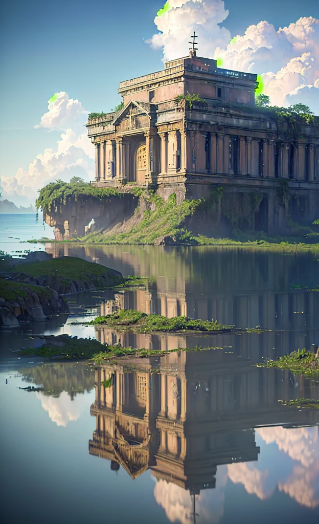(8k, RAW photo, best quality, masterpiece:1.2), (realistic, photo-realistic:1.37), octane render, ultra high res, ultra-detailed, professional lighting, photon mapping, radiosity, physically-based rendering, ue5, ((island sanctuary)), ((ancient fallen kingdom)), ((reflections in water)), ((raytracing)), ((drowned city))