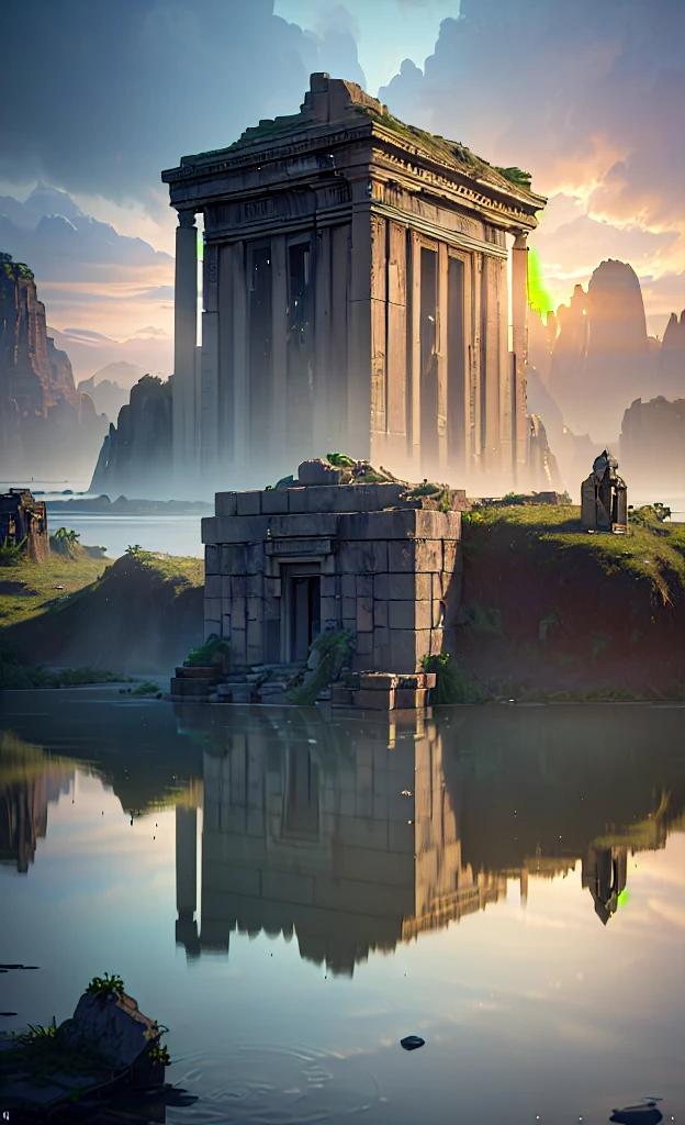 (8k, RAW photo, best quality, masterpiece:1.2), (realistic, photo-realistic:1.37), octane render, ultra high res, ultra-detailed, professional lighting, photon mapping, radiosity, physically-based rendering, ue5, ((island sanctuary)), ((ancient fallen kingdom)), ((reflections in water)), ((raytracing)), ((drowned city))