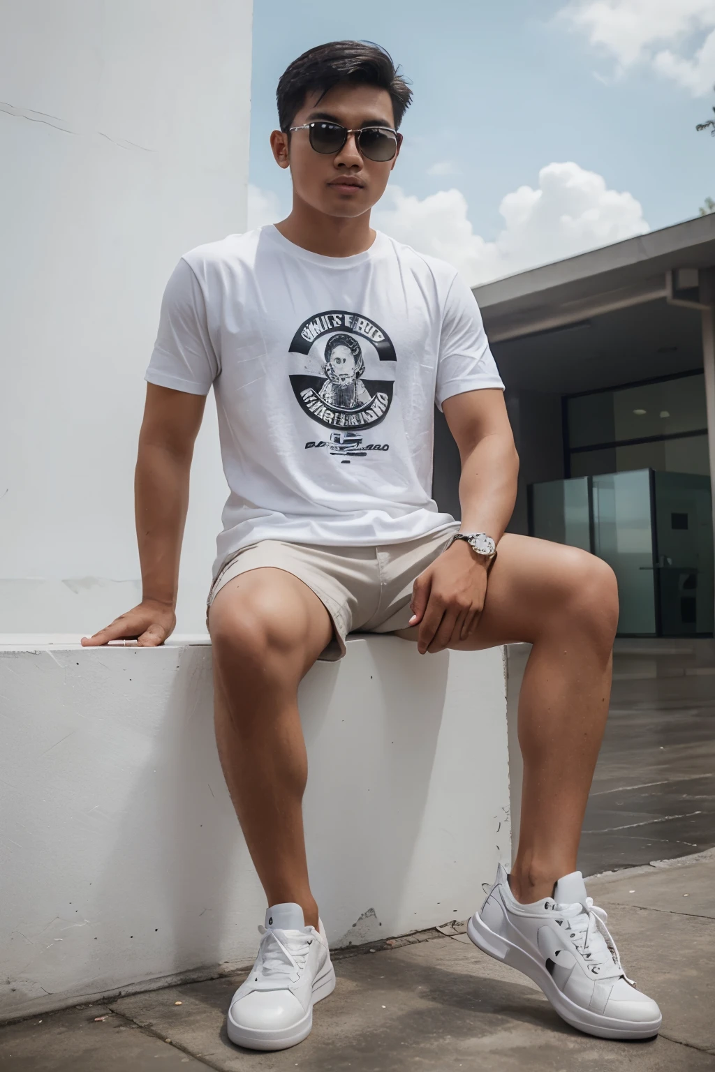 A 25 year old Indonesian man, 3d caricature,was wearing a white t-shirt, white cargo shorts and white sneakers