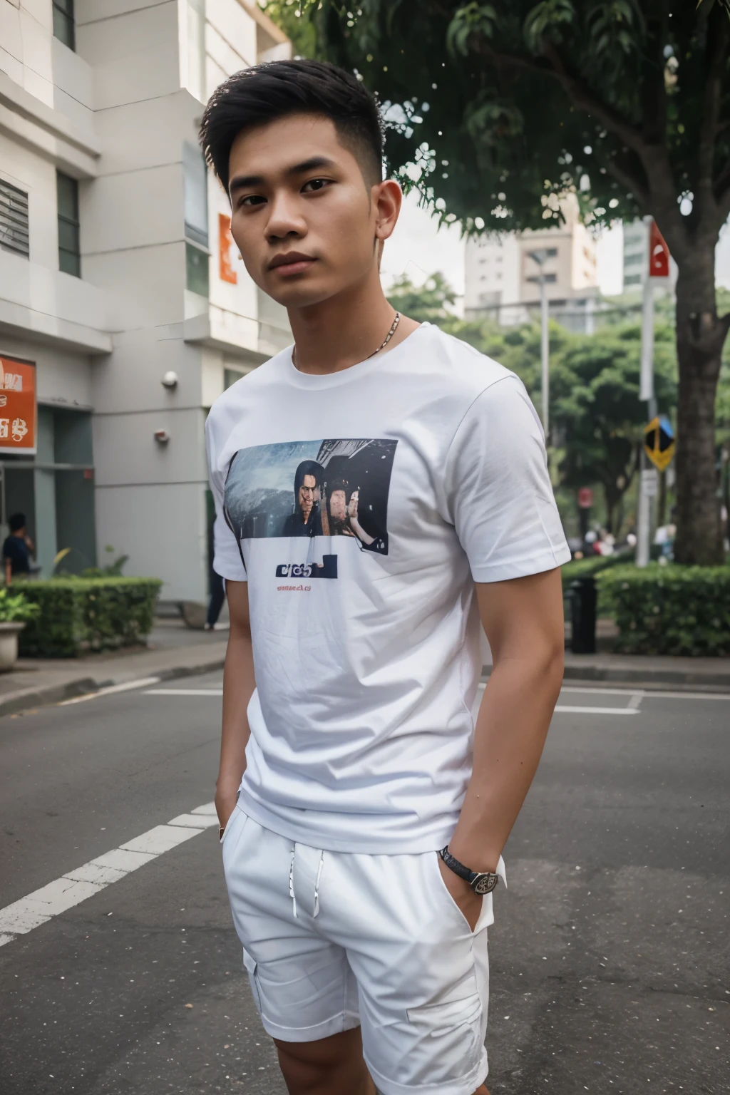 A 25 year old Indonesian man, 3d caricature,was wearing a white t-shirt, white cargo shorts and white sneakers