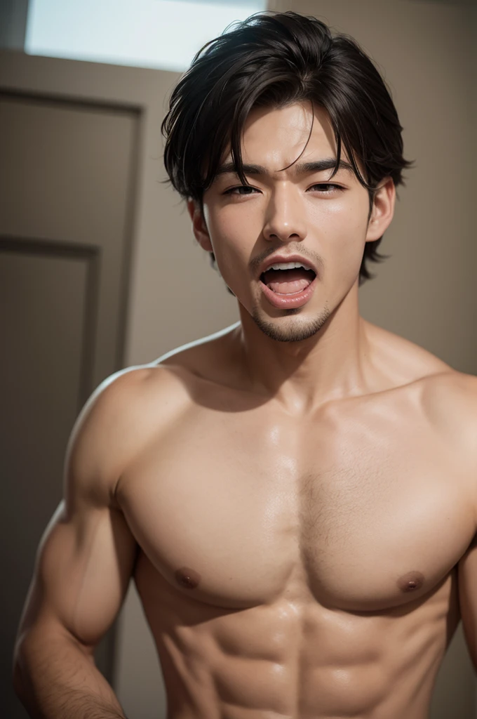 Naked man with open mouth