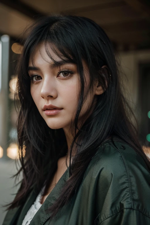 close up look of a girl with long wolf cut hairstyle, darkgreen and black hair, looking forward, beautiful face, masterpiece, best quality, wearing oversized jacket clothing, korean girl, darkgreen eyes, masterpiece, portrait.