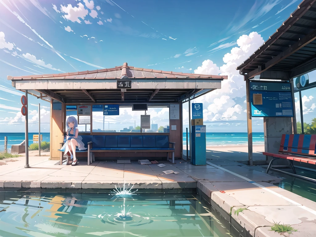 masterpiece, best quality, high resolution, extremely detailed CG, Post-apocalyptic, a girl in a white dress on a broken white platform on the sea, a deserted bus stop on the platform, a few pieces of concrete scattered in the water, blue sky, fresh, simple, pastel colors