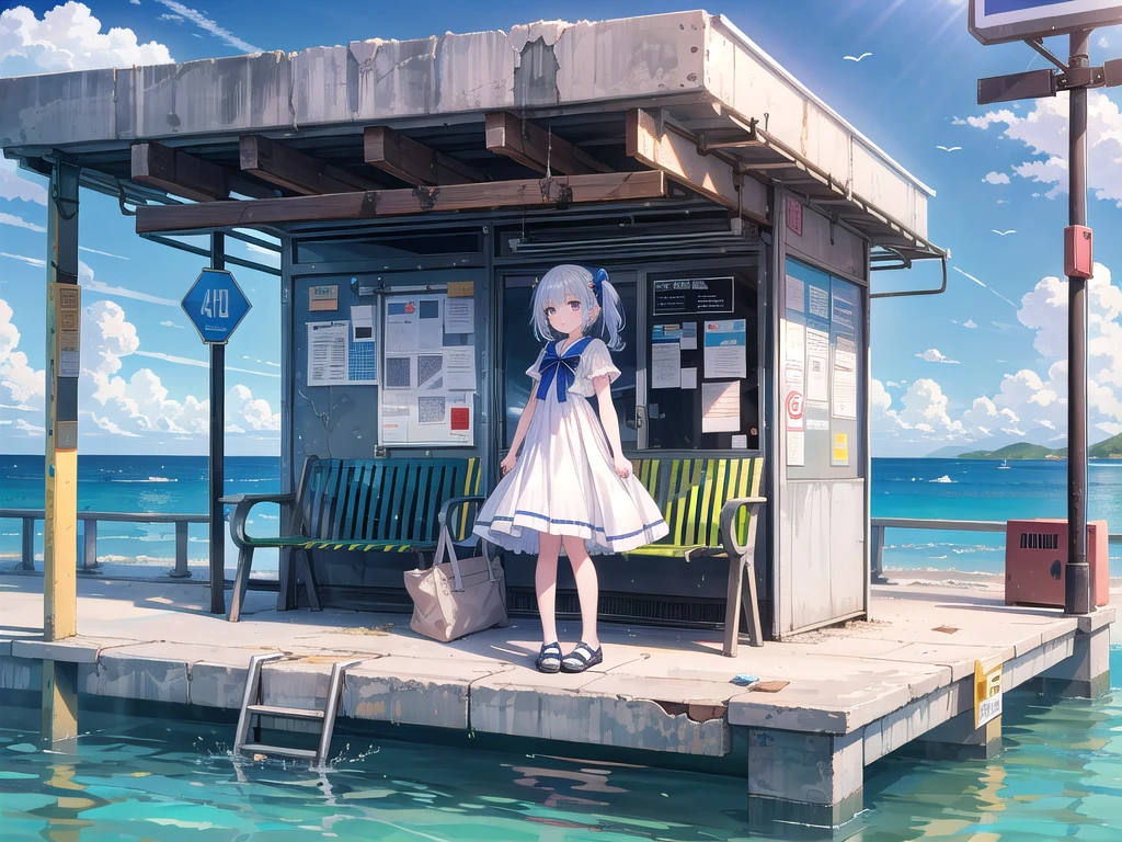masterpiece, best quality, high resolution, extremely detailed CG, Post-apocalyptic, a girl in a white dress on a broken white platform on the sea,  a deserted bus stop on the platform, a few pieces of concrete scattered in the water, blue sky, fresh, simple, pastel colors