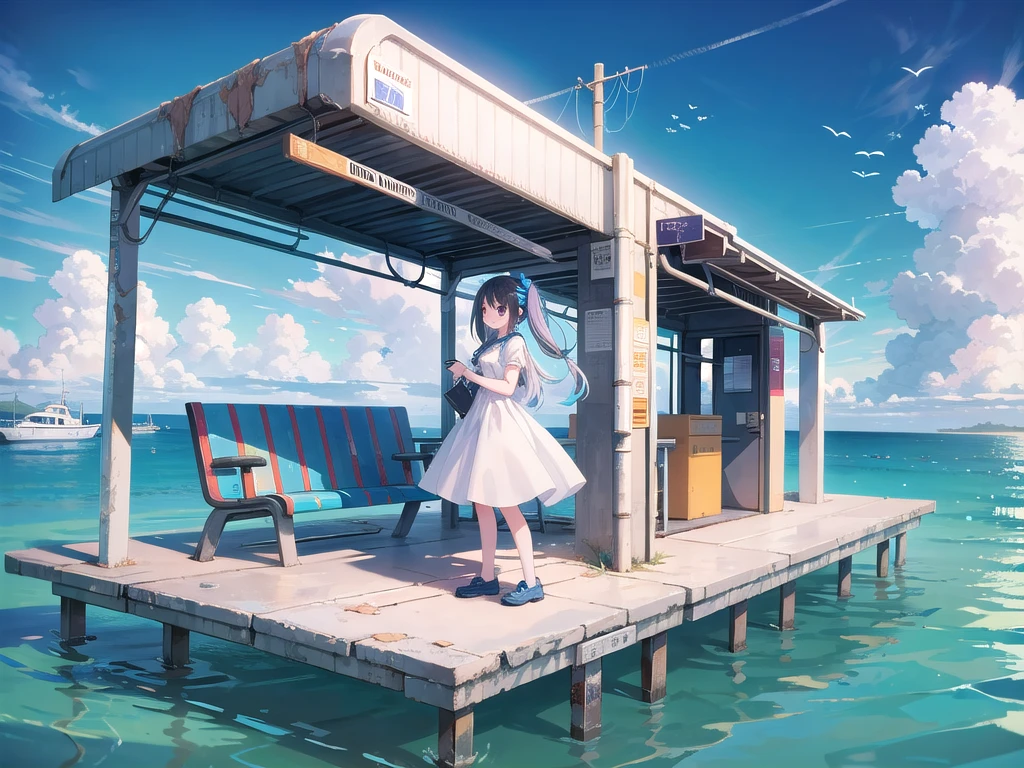 masterpiece, best quality, high resolution, extremely detailed CG, Post-apocalyptic, a girl in a white dress on a broken white platform on the sea, a deserted bus stop on the platform, a few pieces of concrete scattered in the water, blue sky, fresh, simple, pastel colors