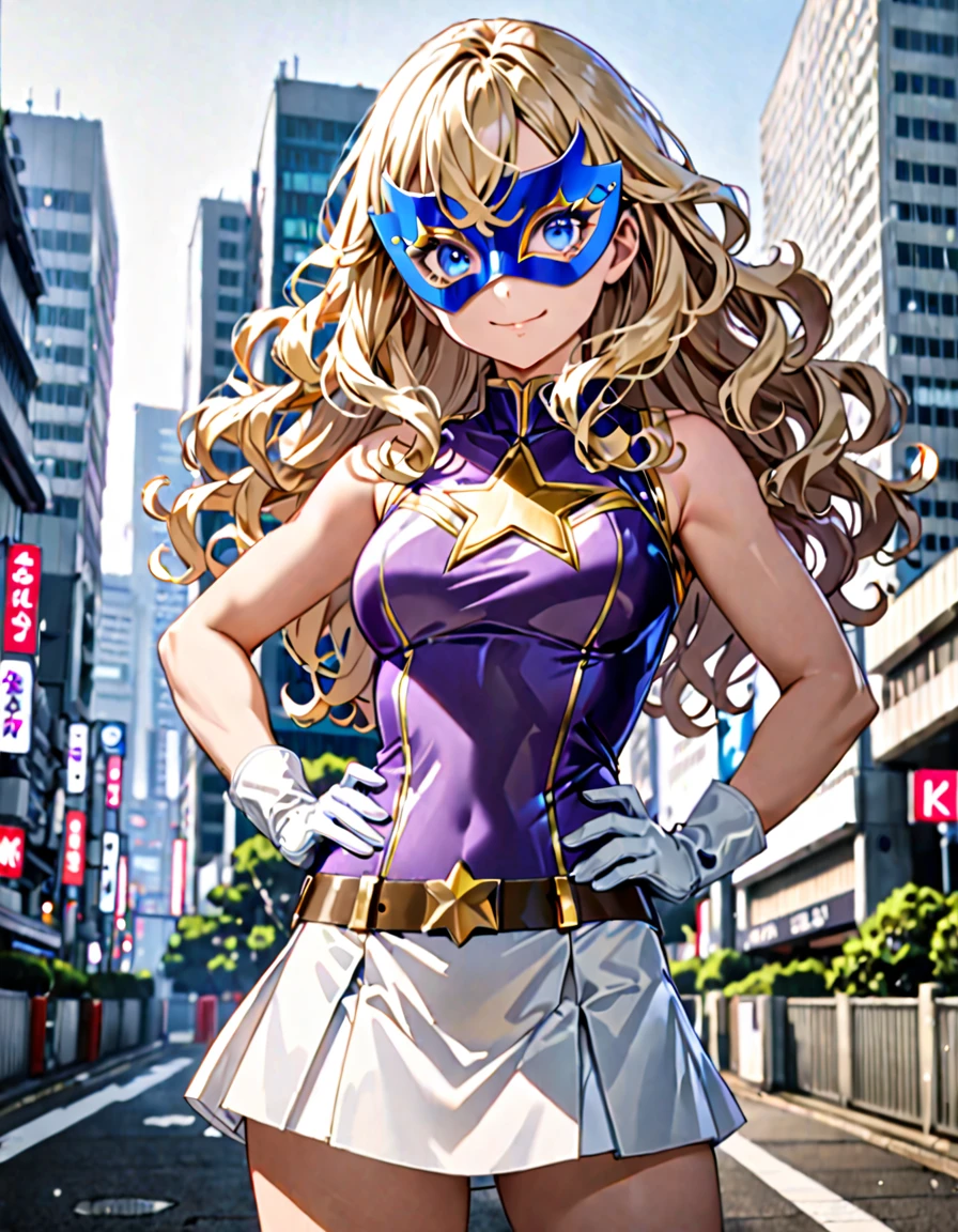 One girl, Medium chest, (((Upper Body))),(((leotard, 白色と青色のleotard, No sleeve, White mini skirt))),(((白色と青色のleotard))), ((Tight belt, Gold Belt)), ((boots, matching boots, ankle boots, white boots)), ((gloves, white gloves)), Urban Background, tokyo Urban Background, alone, single, Hands on hips, Are standing, (((Upper Bodyショット))), Cowboy Shot, Superhero, ((Beautiful attention to detail)), (Gold star symbol on chest), (((Purple eye mask))),(((blue eyes))),(((Blonde Hair, Medium length curly hair, blue eyes))),(smile), (Perfect Anatomy), masterpiece, (((Highest quality))),