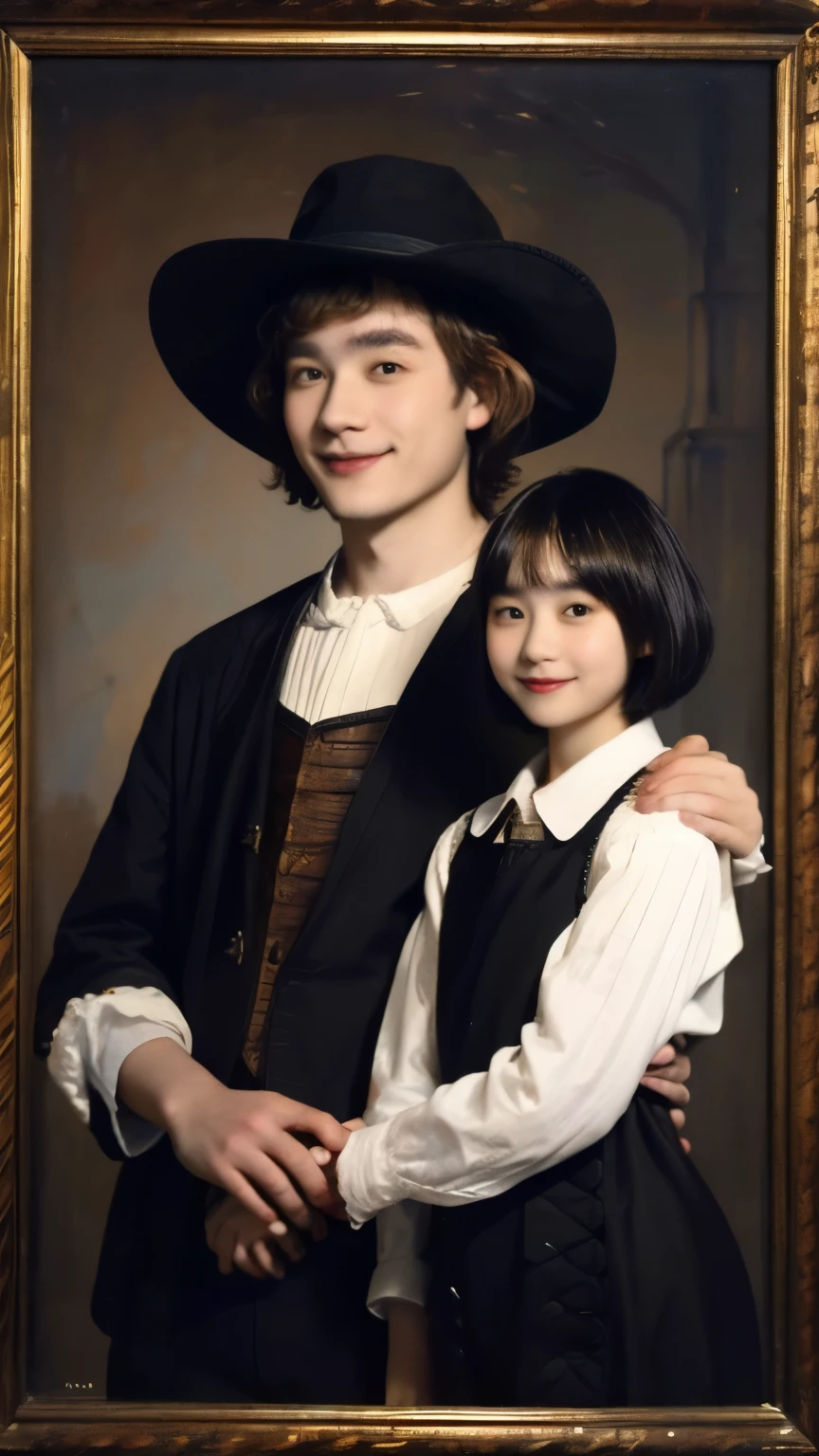 252 (18 year old female and 18 year old male), (short hair),kind, lipstick, (Rembrandt-style painting), smile