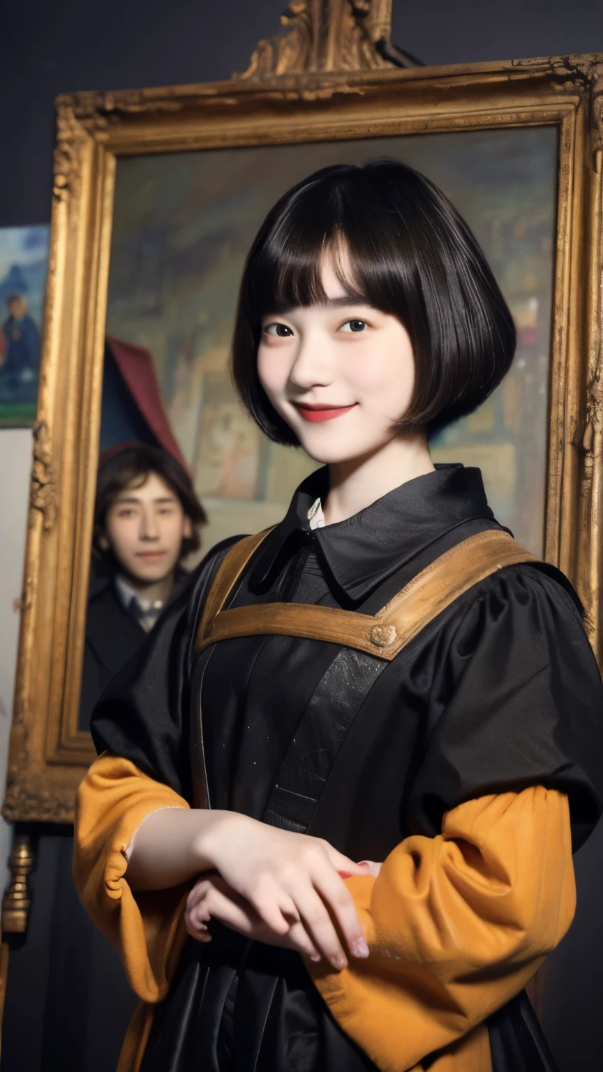 252 (18 year old female and 18 year old male), (short hair),kind, lipstick, (Rembrandt-style painting), smile