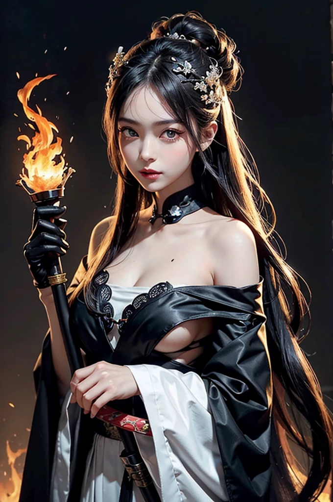 22-year-old woman，（High Top Fade：1.3），Long white hair，Dark Theme，Calm tone，pastel colour，High contrast，（Natural skin texture，Ultra-realistic，Soft Light，sharp），A woman with long hair and a black dress stands in front of a black fire, Black flames engulf her,She has the power of fire, Gorgeous dreamy lights, Ancient Chinese Fantasy，View from a 45 degree angle，Full transparency，Woman holding a sword，The sword has a totem，Cold Steel Sword，Panoramic Ultra Wide Angle，Attractive smiling woman，実物の質感はdelicate，strong visual impact，Hyper Detail，delicate face girl，Cute eyes，Purple eyes in starlight，Big eyes，Purpose 1:5，Round apricot-colored eyes，double eyelid，Long eyelashes，Hair floating in the air，ancient chinese long hair hairstyle，Red Lip， Sakura version，Crystal Clear，Excellent perspective，Surface reflected light，流れるようなBlack Hair，Very detailed，delicate，Surrealist painting，Intertwining Black Flames，Ink flame sensation，Photo close-up，Face close-up，China 1 Girl，Rouge Skin，Glowing Skin，delicateな顔，Black Hair，Do not wear hair accessories，No hair accessories needed，Ancient Chinese fairies，Wear a gorgeous black robe，Ancient Chinese robe off the shoulders，The clothes have no pattern，Patterned clothing is prohibited，Simple ancient Chinese robes，Simple black ancient robe，Ancient Chinese Long Dress，Big breasts are beautiful，delicateな体，Looking into the camera，45 degree angle portrait close up，bust，Close-up of a person，Upper body close-up head background，Background Black，Background white，Background Black白インク感，delicate lubrication，highlight，Plain background，Ink splattered background。