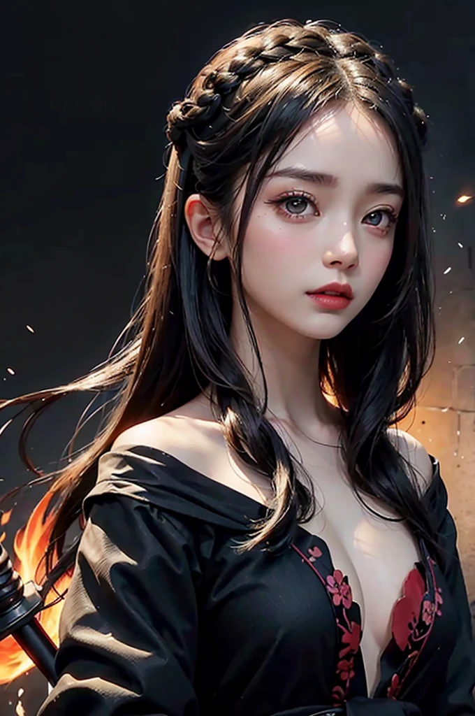 22-year-old woman，（High Top Fade：1.3），Long white hair，Dark Theme，Calm tone，pastel colour，High contrast，（Natural skin texture，Ultra-realistic，Soft Light，sharp），A woman with long hair and a black dress stands in front of a black fire, Black flames engulf her,She has the power of fire, Gorgeous dreamy lights, Ancient Chinese Fantasy，View from a 45 degree angle，Full transparency，Woman holding a sword，The sword has a totem，Cold Steel Sword，Panoramic Ultra Wide Angle，Attractive smiling woman，実物の質感はdelicate，strong visual impact，Hyper Detail，delicate face girl，Cute eyes，Purple eyes in starlight，Big eyes，Purpose 1:5，Round apricot-colored eyes，double eyelid，Long eyelashes，Hair floating in the air，ancient chinese long hair hairstyle，Red Lip， Sakura version，Crystal Clear，Excellent perspective，Surface reflected light，流れるようなBlack Hair，Very detailed，delicate，Surrealist painting，Intertwining Black Flames，Ink flame sensation，Photo close-up，Face close-up，China 1 Girl，Rouge Skin，Glowing Skin，delicateな顔，Black Hair，Do not wear hair accessories，No hair accessories needed，Ancient Chinese fairies，Wear a gorgeous black robe，Ancient Chinese robe off the shoulders，The clothes have no pattern，Patterned clothing is prohibited，Simple ancient Chinese robes，Simple black ancient robe，Ancient Chinese Long Dress，Big breasts are beautiful，delicateな体，Looking into the camera，45 degree angle portrait close up，bust，Close-up of a person，Upper body close-up head background，Background Black，Background white，Background Black白インク感，delicate lubrication，highlight，Plain background，Ink splattered background。