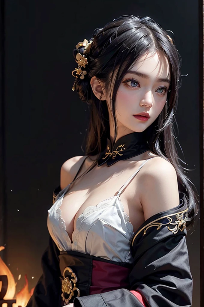 22-year-old woman，（High Top Fade：1.3），Long white hair，Dark Theme，Calm tone，pastel colour，High contrast，（Natural skin texture，Ultra-realistic，Soft Light，sharp），A woman with long hair and a black dress stands in front of a black fire, Black flames engulf her,She has the power of fire, Gorgeous dreamy lights, Ancient Chinese Fantasy，View from a 45 degree angle，Full transparency，Woman holding a sword，The sword has a totem，Cold Steel Sword，Panoramic Ultra Wide Angle，Attractive smiling woman，実物の質感はdelicate，strong visual impact，Hyper Detail，delicate face girl，Cute eyes，Purple eyes in starlight，Big eyes，Purpose 1:5，Round apricot-colored eyes，double eyelid，Long eyelashes，Hair floating in the air，ancient chinese long hair hairstyle，Red Lip， Sakura version，Crystal Clear，Excellent perspective，Surface reflected light，流れるようなBlack Hair，Very detailed，delicate，Surrealist painting，Intertwining Black Flames，Ink flame sensation，Photo close-up，Face close-up，China 1 Girl，Rouge Skin，Glowing Skin，delicateな顔，Black Hair，Do not wear hair accessories，No hair accessories needed，Ancient Chinese fairies，Wear a gorgeous black robe，Ancient Chinese robe off the shoulders，The clothes have no pattern，Patterned clothing is prohibited，Simple ancient Chinese robes，Simple black ancient robe，Ancient Chinese Long Dress，Big breasts are beautiful，delicateな体，Looking into the camera，45 degree angle portrait close up，bust，Close-up of a person，Upper body close-up head background，Background Black，Background white，Background Black白インク感，delicate lubrication，highlight，Plain background，Ink splattered background。