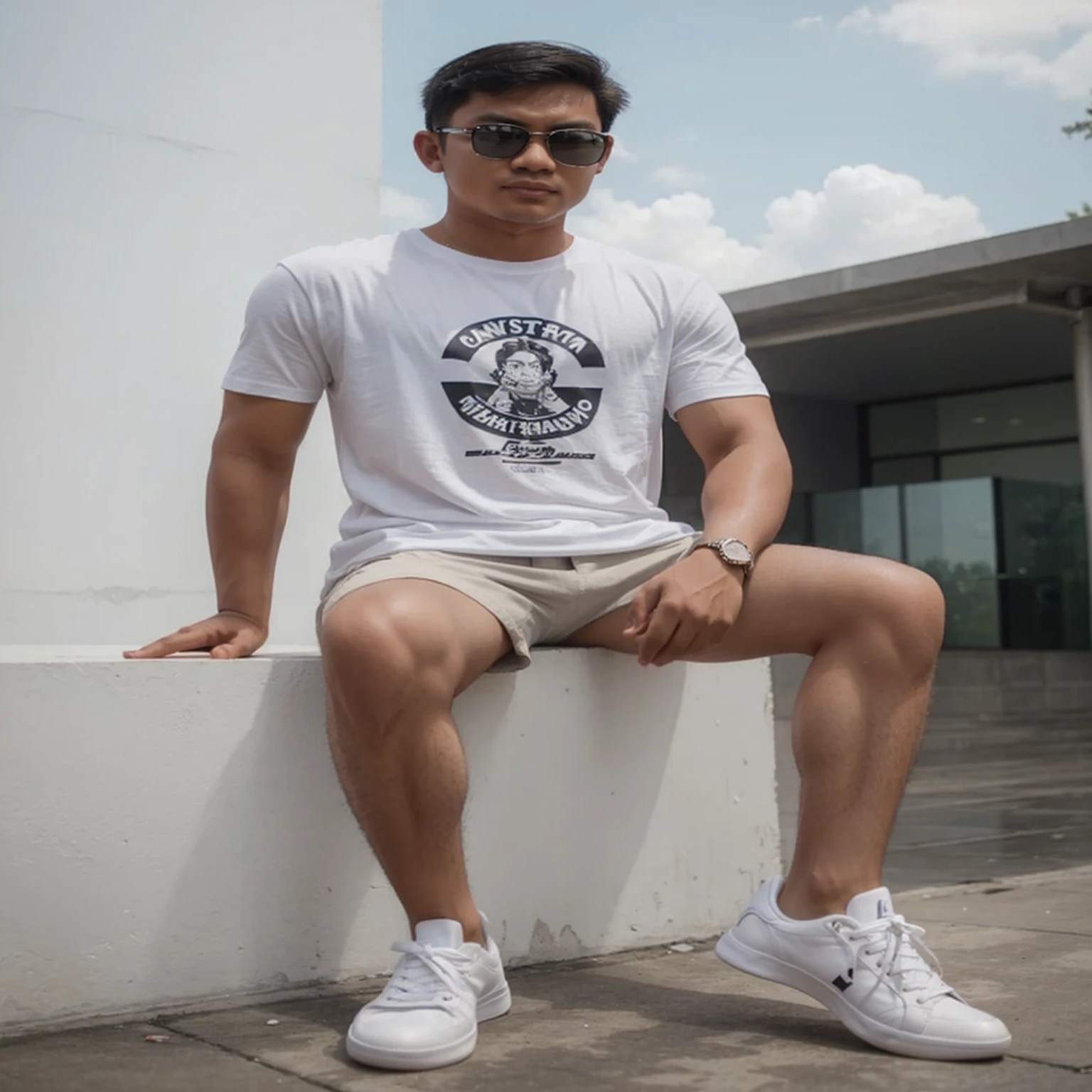 A 25 year old Indonesian man, 3d caricature,was wearing a white t-shirt, white cargo shorts and white sneakers
