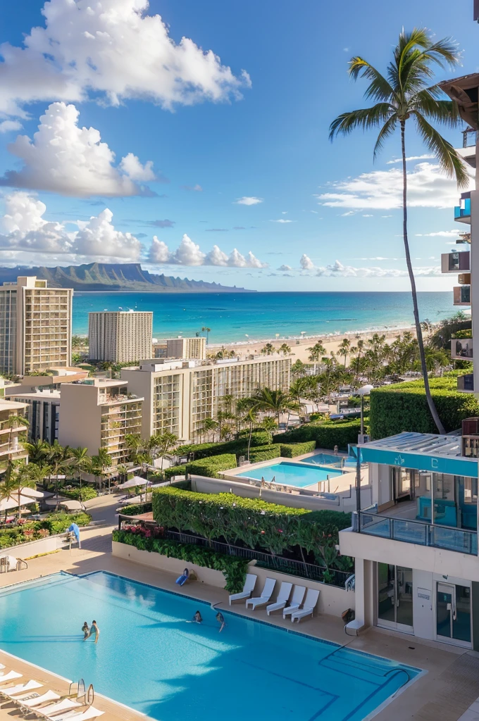 (Waikiki beach or In the heart of Waikiki or on the roof of a high-rise Hilton Hawaiian Village Beach Resort's pool or Kalakaua Avenue or Royal Hawaiian Center)