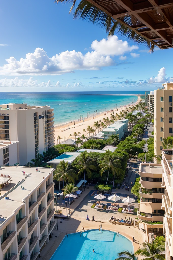(Waikiki beach or In the heart of Waikiki or on the roof of a high-rise Hilton Hawaiian Village Beach Resort's pool or Kalakaua Avenue or Royal Hawaiian Center)