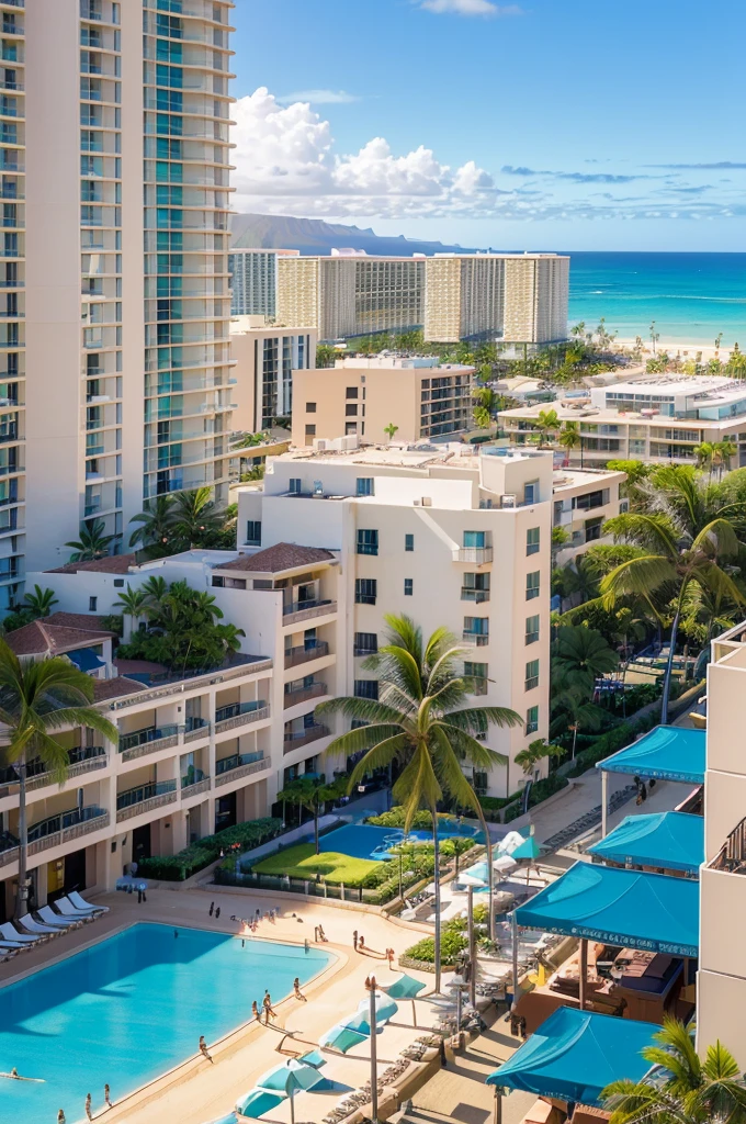 (Waikiki beach or In the heart of Waikiki or on the roof of a high-rise Hilton Hawaiian Village Beach Resort's pool or Kalakaua Avenue or Royal Hawaiian Center)