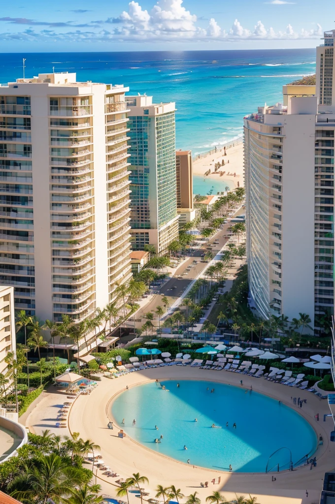(Waikiki beach or In the heart of Waikiki or on the roof of a high-rise Hilton Hawaiian Village Beach Resort's pool or Kalakaua Avenue or Royal Hawaiian Center)