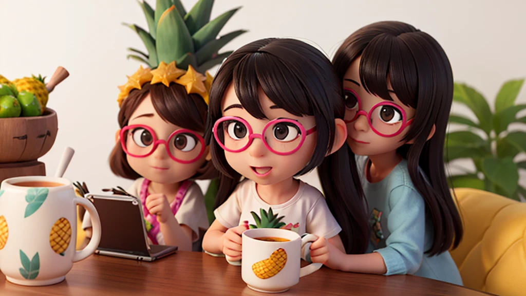 Inside Out 2, female, long curly black hair, short height and chubby black eyes with glasses, pineapple accessories and mug, cheerful, brunette color, white background, 3d