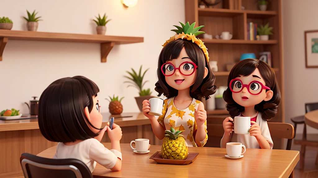 Inside Out 2, female, long curly black hair, short height and chubby black eyes with glasses, pineapple accessories and mug, cheerful, brunette color, white background, 3d