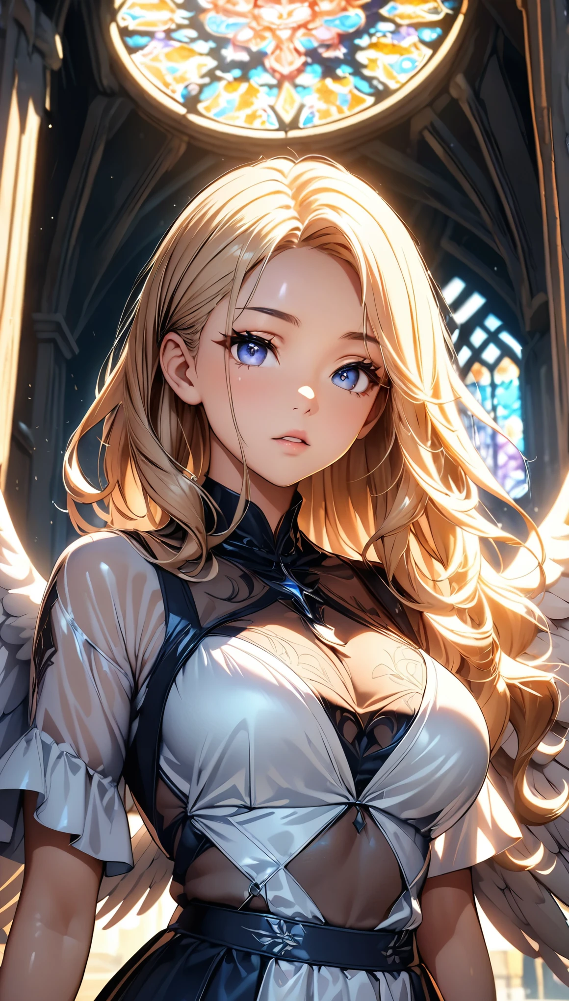 ((long blonde hair:1.8, Curly hair on the outside, hair above one eye:1.6)), (shining purple eyes)beautiful, beautiful woman, perfect anatomy, perfect body, perfect breasts, ((angel with a pair of wings spread:1.8, white clothes, corset, choker:1.6)), forest:1.6, captivating gaze, slight smile, realism, masterpiece, rough skin , Super detailed, high detail, high quality, 最high quality, 1080p, 16k