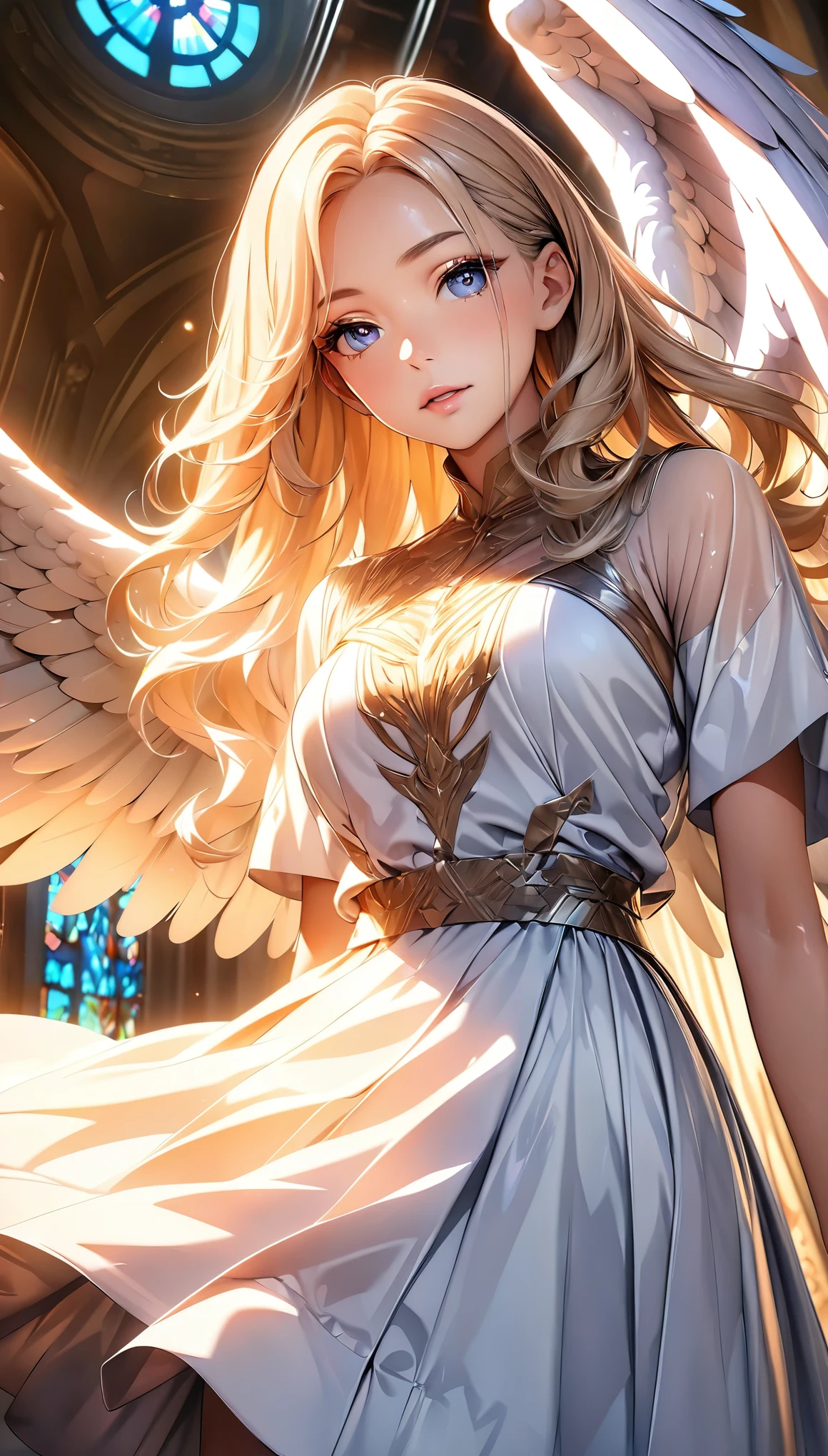 ((Beautiful angel:1.2, Angel Wings:1.2)), Beautiful appearance, Curvaceous woman, Long Hair, Shiny Hair, Beautiful Skin, Eye details, Eyes that hold light, Detailed face and eyes, Glossy Lips, Glorious Spirit, White sheer outfit, god々Wearing a bright light, Light pouring down, Stained Glass and Fine Carvings Background, Delicate and beautiful CG art, (Dynamic Angle, Dynamic Lighting), (Highest quality:1.2, 4K, 8K, Very detailed, High detail, masterpiece:1.2, Best aesthetics),