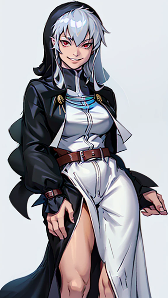 Highly detailed, 1 girl, goeniko, Very pale skin, greyish white hair, shiny red eyes, evil smile, black goeniko's clothes, medium buson, curvy body, looking to the viewer, pit Black clothes