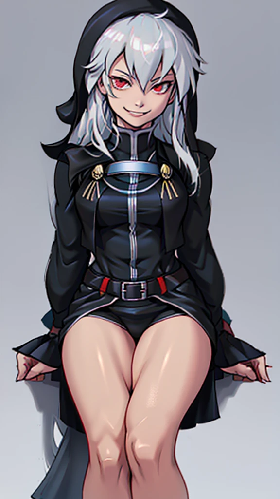 Highly detailed, 1 girl, goeniko, Very pale skin, greyish white hair, shiny red eyes, evil smile, black goeniko's clothes, medium buson, curvy body, looking to the viewer, pit Black clothes