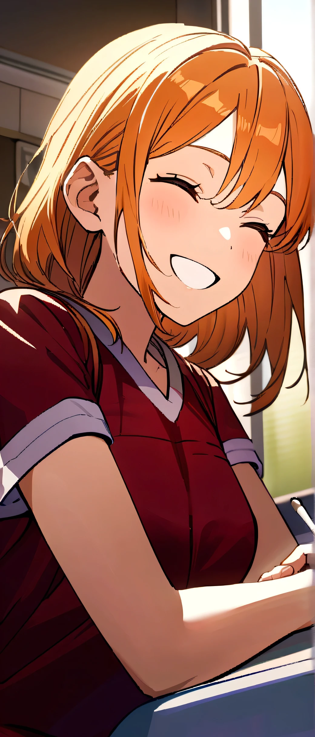 Anime fox girl orange hair, happy, smiling,,hospital, wearing maroon scrubs, half body portrait, writing something, UHD, ultra detailed
