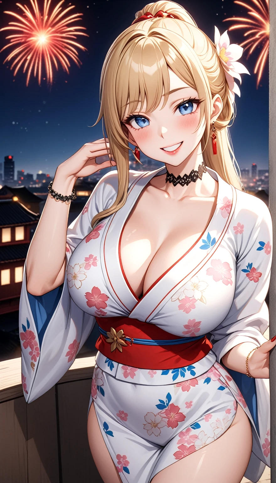 ((One personの女性)), Beautiful Face, (Laughing embarrassedly), (seductive smile:1.4), ((Wink:1.9)), (head tilt:1.3), Laugh with your mouth wide open, upper teeth, looking at viewer, ((Bright red cheeks:1.2)),Glossy Red Lips,rooftop, firework, Glossy red lips, Shining Face, ((Anime style background)),masterpiece, Highest quality, so beautiful,up to date, Complex details, (Pink long nails), (nail art), (ring),(bracelet),(Floral choker),AI-generated, Complex,High resolution, Highest quality, super high quality,3D Images、3D Images,One person,Long blonde hair,High Ponytail, Blonde anime woman posing for a photo,(blue eyes), ((Fine grain、Lightly pigmented blue eyes、Shining Eyes:1.3)), (Squint your eyes:1.1),a hyperRealistic , hyperRealistic , Realistic,Long and blonde anime woman, Smooth anime CG art, A woman wearing a gorgeous kimono with pink floral patterns, (White long sleeve kimono),(Large white floral pattern) ,Long flower hair ornament,Earrings,Mature Body,(Big Breasts:1.1),Tall,Abdominal muscles,Tight waist,(knee shot:1.2), (dutch angle:1.3),